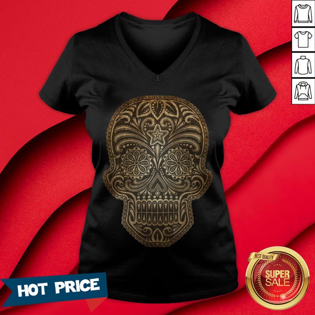 Vintage Aged And Scratched Sugar Skull Day Of The Dead Shirt - Image 3