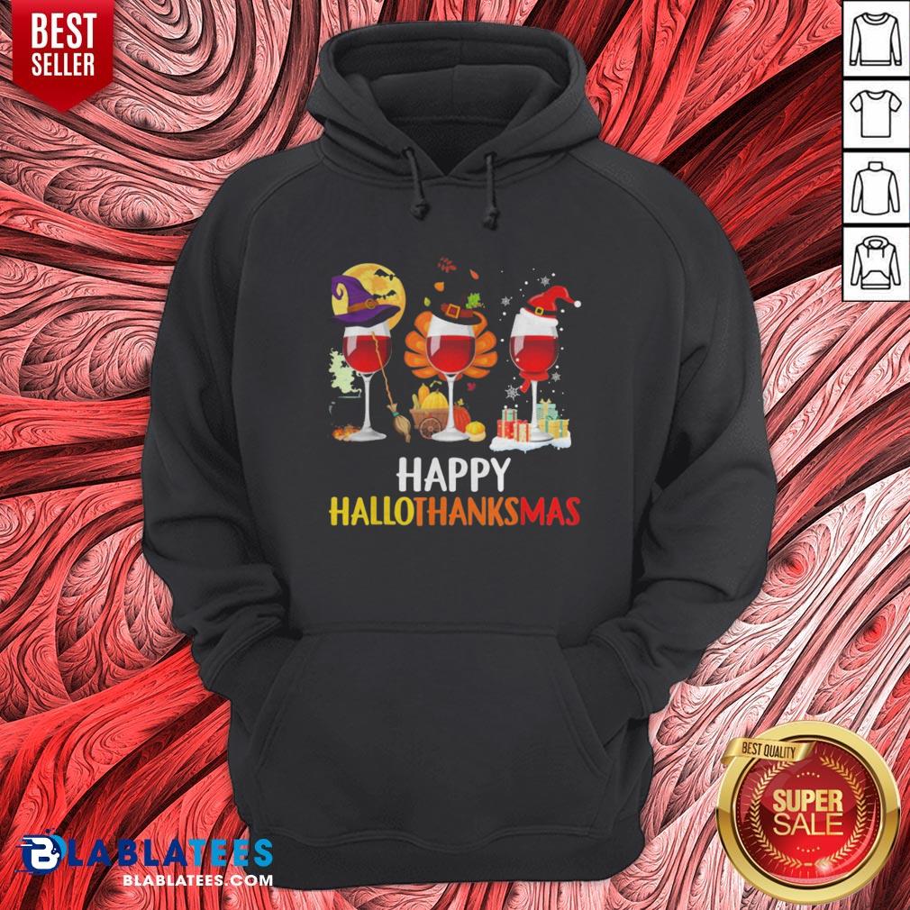 Wine Halloween Thanksgiving Christmas Happy Hallothanksmas Shirt - Image 3