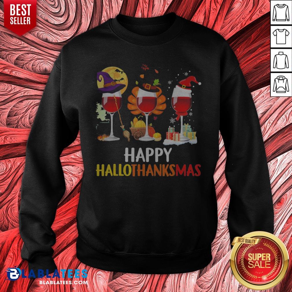 Wine Halloween Thanksgiving Christmas Happy Hallothanksmas Shirt - Image 2