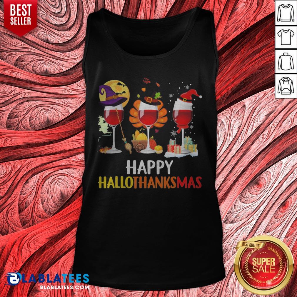 Wine Halloween Thanksgiving Christmas Happy Hallothanksmas Shirt - Image 5