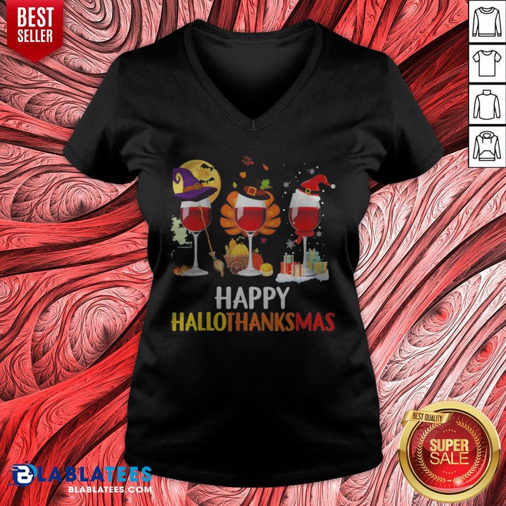 Wine Halloween Thanksgiving Christmas Happy Hallothanksmas Shirt - Image 4