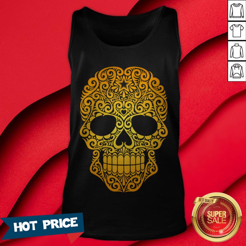 Yellow Swirling Sugar Skull Day Of The Dead Shirt - Image 2