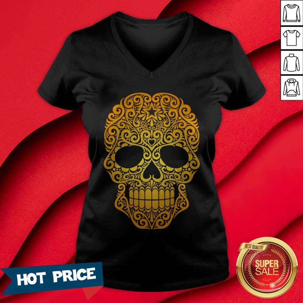 Yellow Swirling Sugar Skull Day Of The Dead Shirt - Image 3